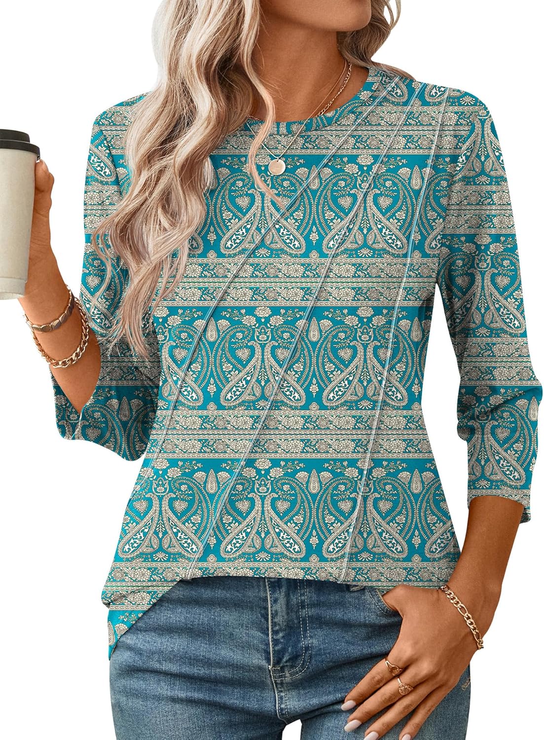 LOMON 3/4 Length Sleeve Womens Tops Spring Summer Fashion 2026 Tops Crew Neck Pleated Shirts Tunic Top Loose Fit - Image 2