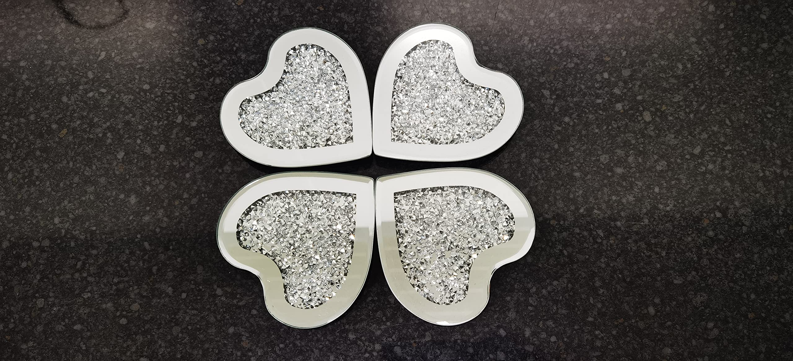 Deenz White New Heart Shaped Coaster Set Of 4 Mirror Full Crushed Jewel Diamante Diamond Glass Cup Mat Gift Set