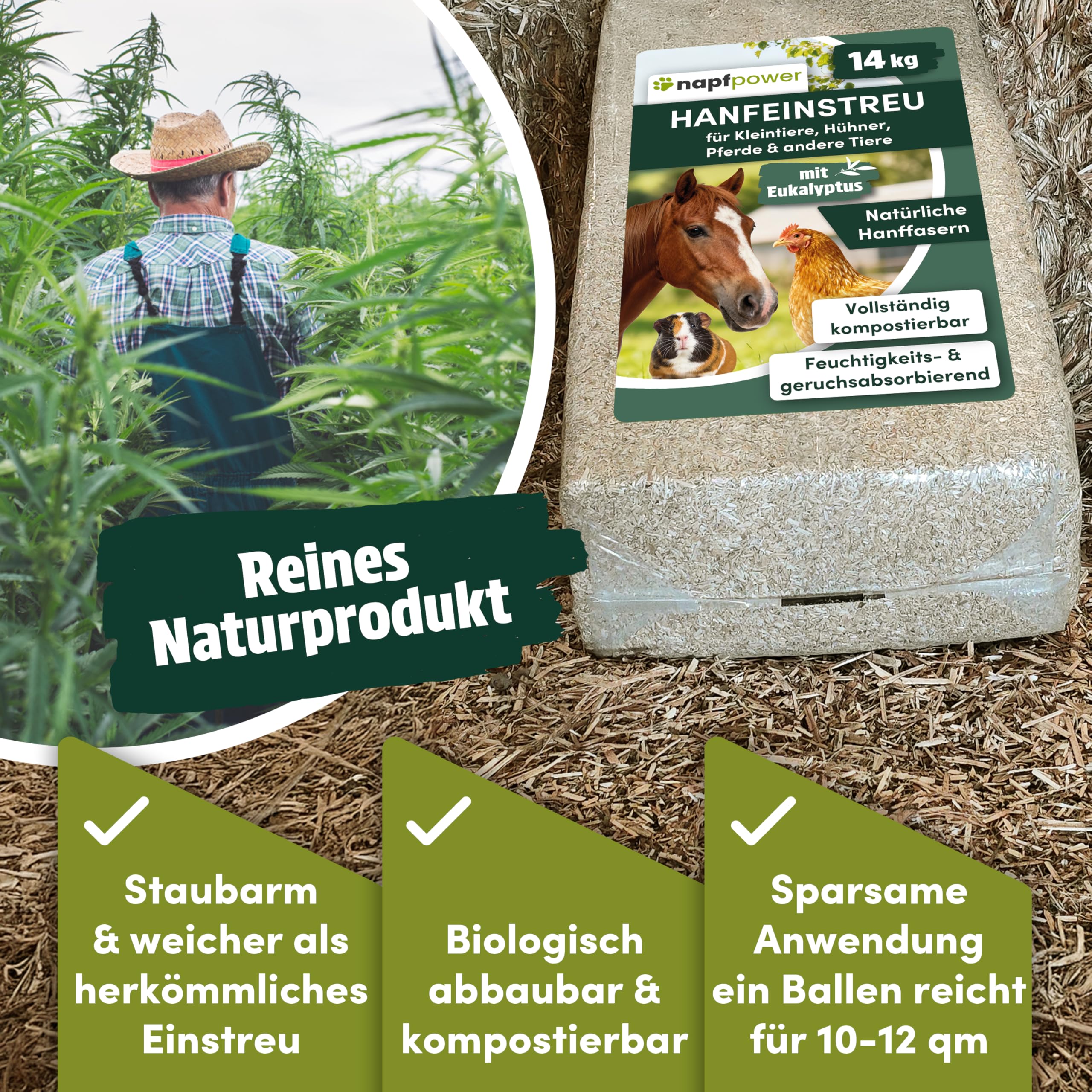 Hanfeinstreu (14 kg) mit Eukalyptus für Hühner, Kleintiere & Pferde – staubarmes Hanfstreu für Hühner & Pferde – extrem saugfähiges & kompostierbares Hanf Einstreu für Tierställe