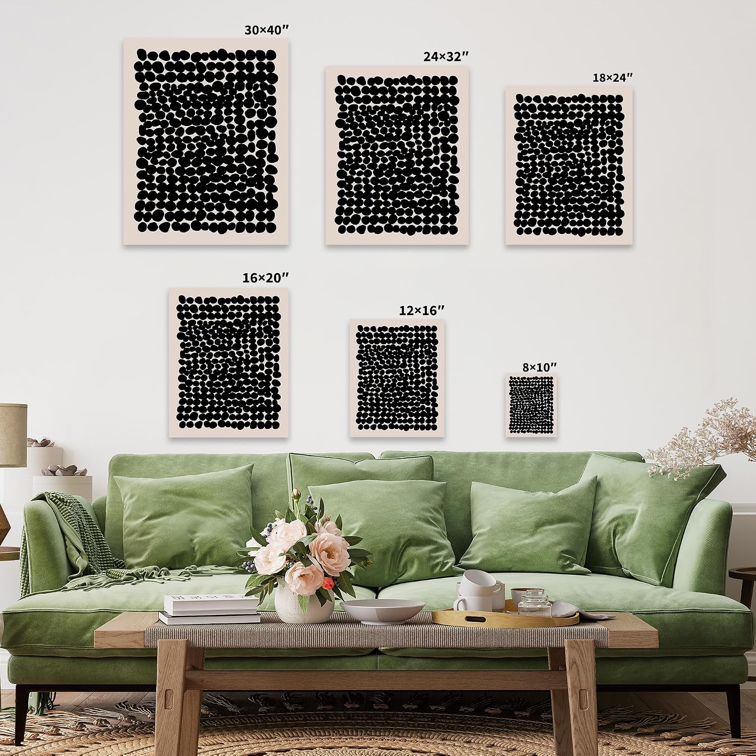 Poster Master Modern Abstract Canvas - Black Pebbles Print - Circles Art - Mid Century Modern Design - Illustration Art - Minimal Living Room or Office Wall Decor - 8x10 STRETCHED Canvas