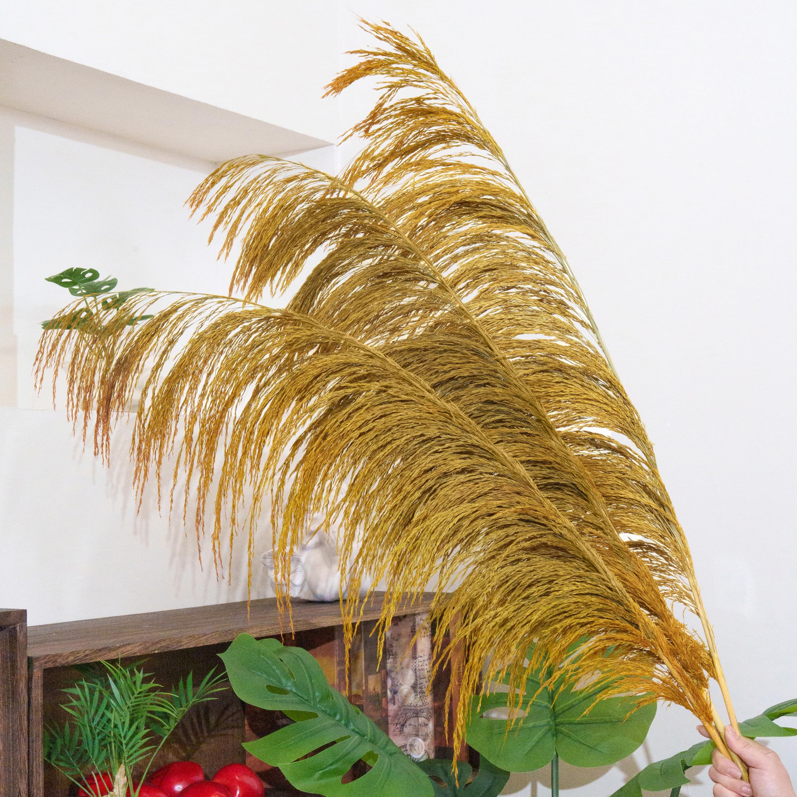 Goldgelbes Pampasgras, Bauernhaus-Blumen-Dekor, goldene Blumen, hoch, 80 cm, rustikales getrocknetes Pampasgras, natürlich getrocknete Pompas, Blume, wunderschöne bronzig-goldene Dekoration für