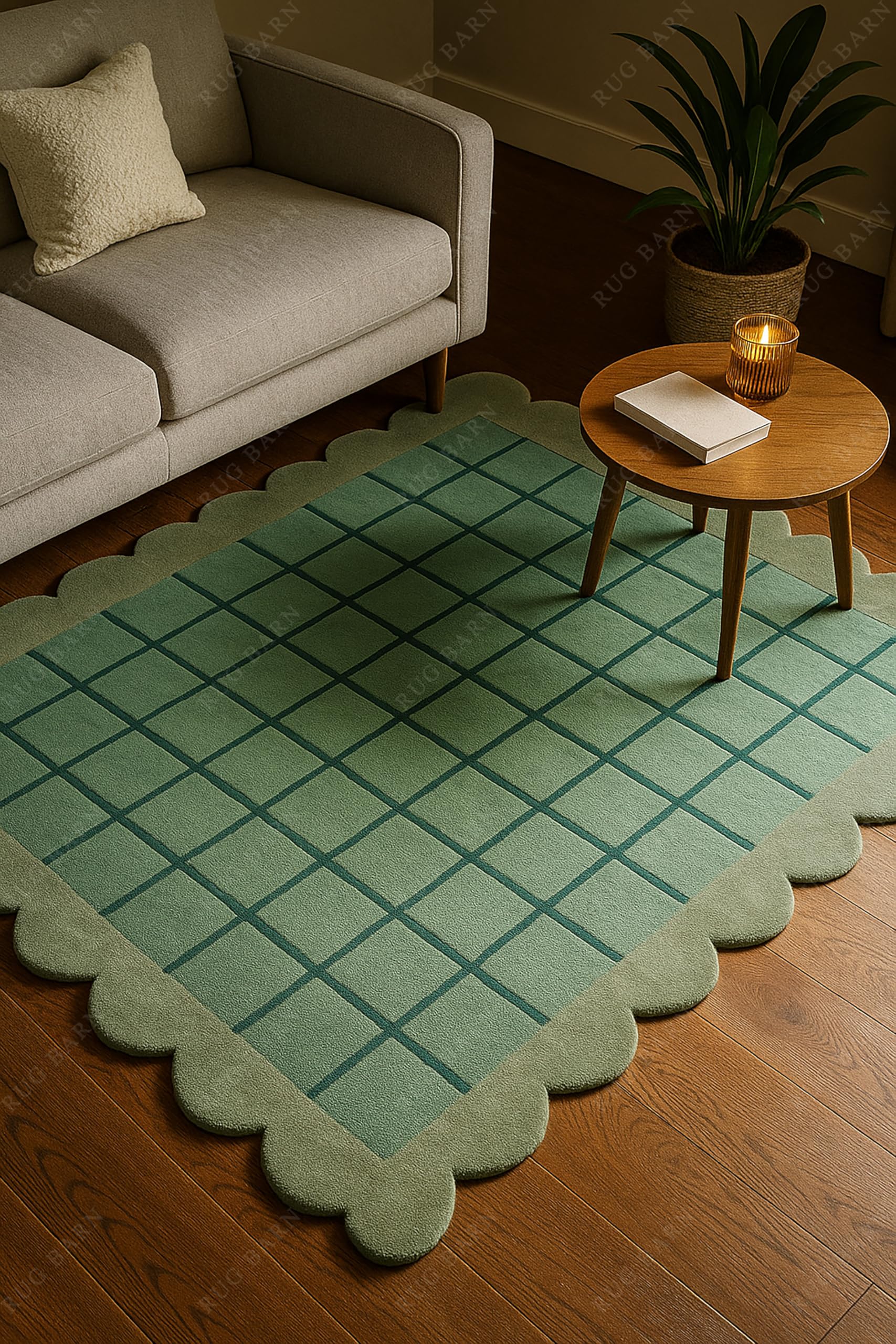 Hand-Tufted 100% Wool Area Rug - 8x10 Ft, Mint Green Base with Teal Blue Windowpane Grid &amp; Sage Scalloped Border, Soft Pile Modern Carpet for Living Room, Bedroom, Nursery &amp; Kids Room