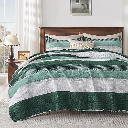 Andency - Juego de edredón verde esmeralda Queen (90 x 96 pulgadas), 3 piezas (1 edredón a rayas y 2 fundas de almohada), colcha a rayas de retazos,
