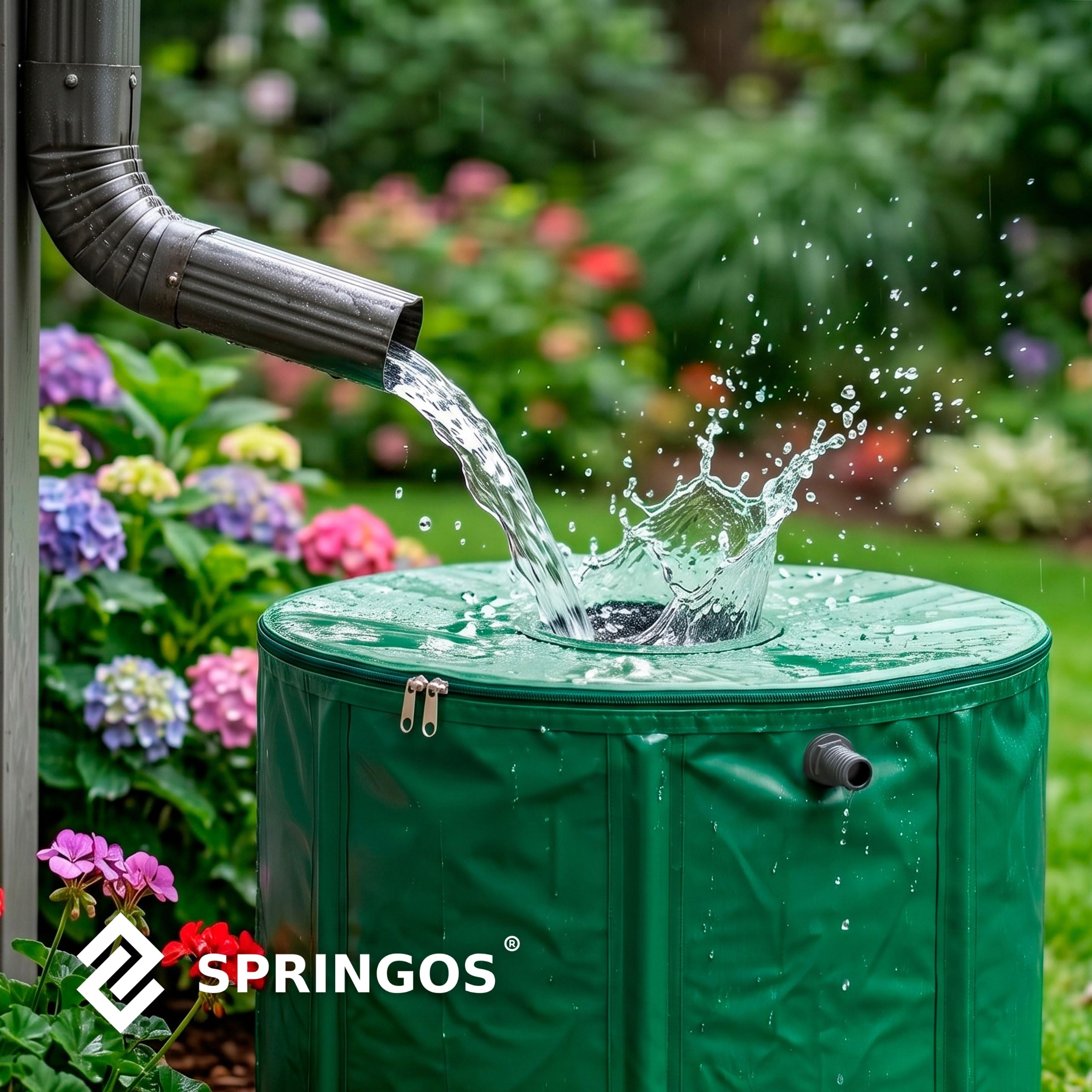 Springos Depósito de agua de lluvia de 500 l para jardín, almacenamiento de agua de PVC 1000D, plegable, con 8 puntales de apoyo, doble grifo, protección contra rebosadero, borde reforzado, barril de
