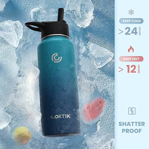 Miniatura 9 de COKTIK Botella de agua aislada de acero inoxidable con tapa de pajilla, 22 onzas de boca ancha, doble pared aislada al vacío, botella de agua ligera