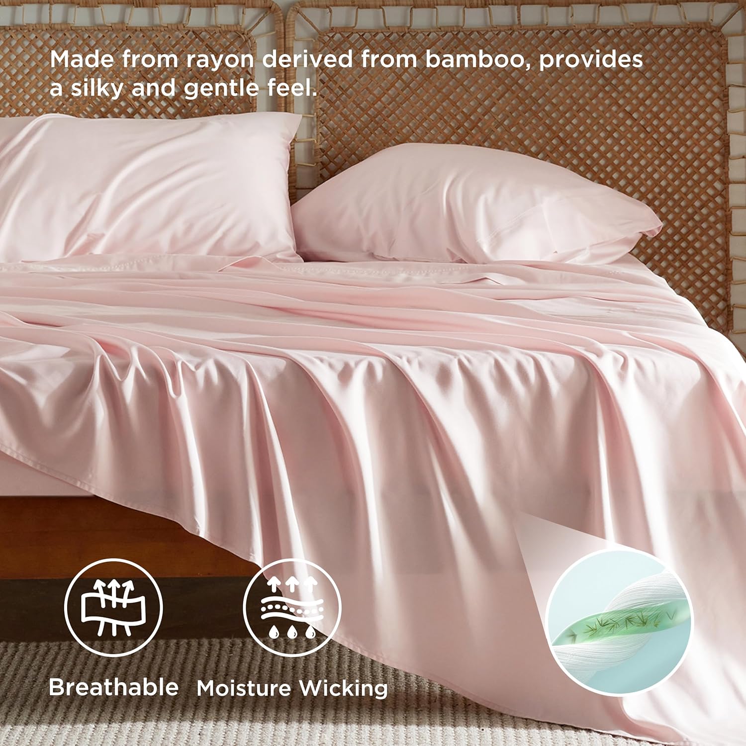 Bedsure King Size Sheets Set, Cooling Sheets for Hot Sleepers, Rayon Derived from Bamboo, Breathable & Soft, Deep Pocket Up to 16 Inches, Hotel Luxury Silky Bedding, Pink - Image 3
