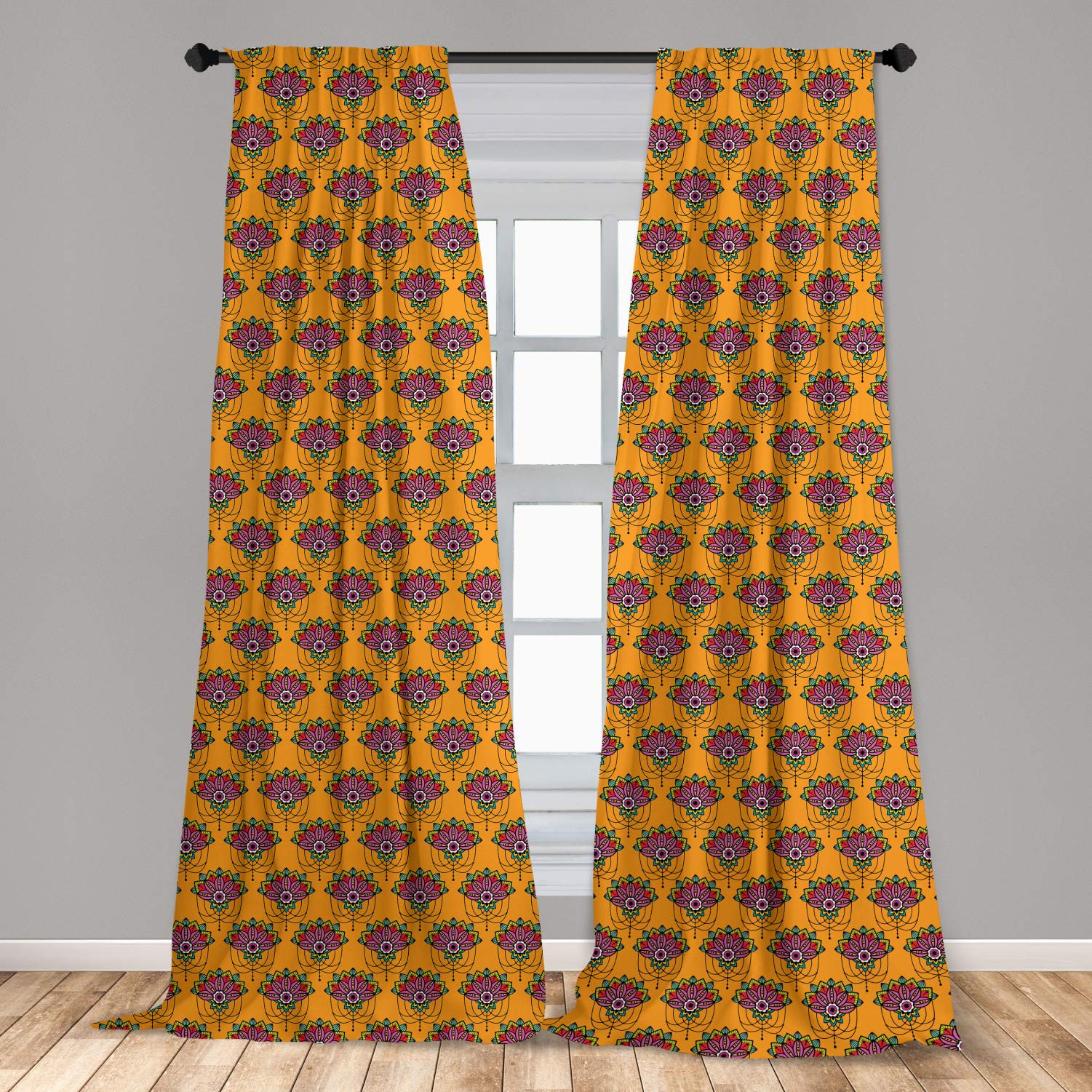 Ambesonne Folk 2 Panel Curtain Set, Oriental Theme Colorful with Abstract Floral Ornaments in Ethnic Style, Lightweight Window Treatment Living Room Bedroom Decor, 56" x 84", Orange