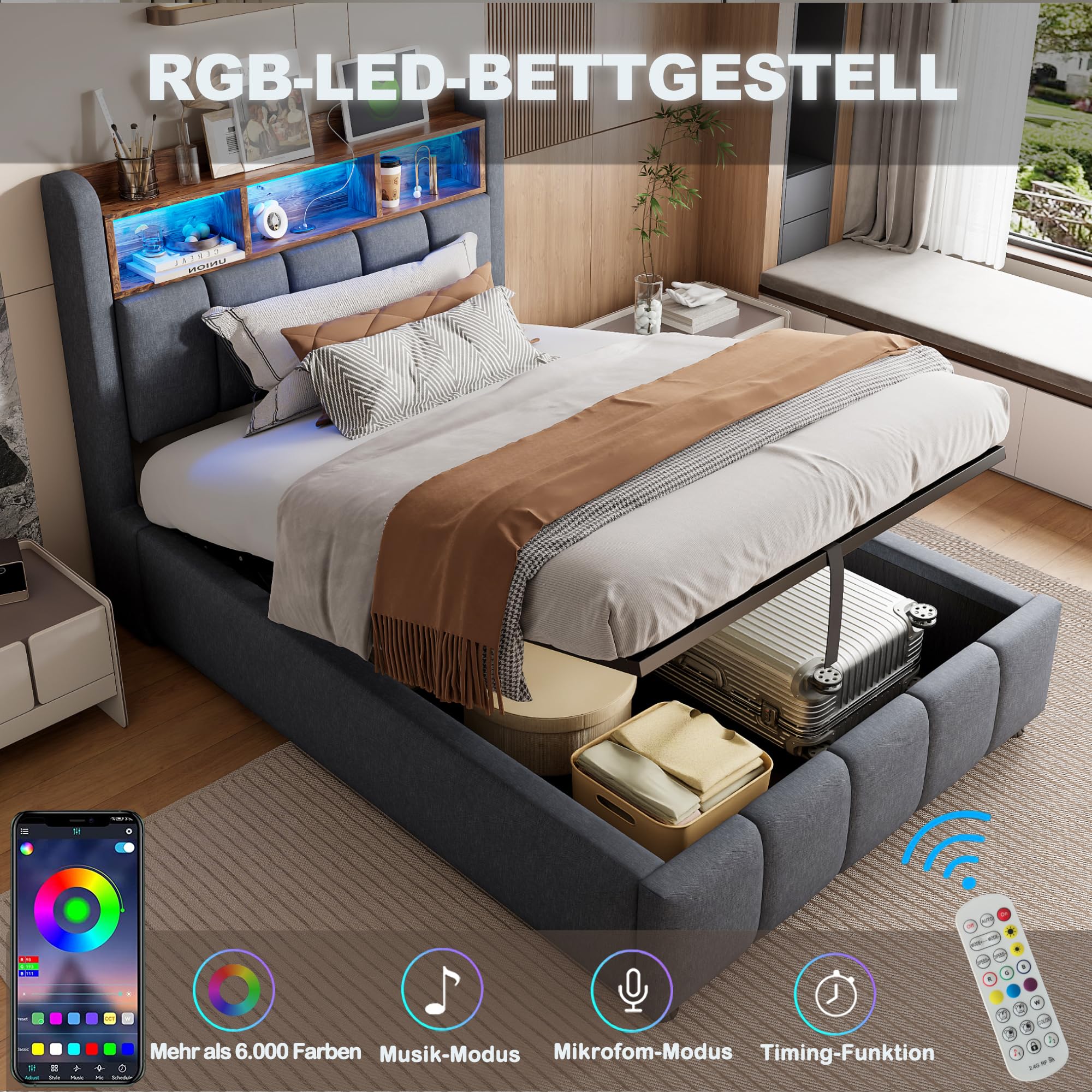 Einzelbett Polsterbett 90x200 cm mit USB Anschluss und LED Licht, Hydraulisches Bett mit Stauraum und Kopfteil, Jugendbett Bettgestell mit Lattenrost, Leinen, Grau, Ohne Matratze
