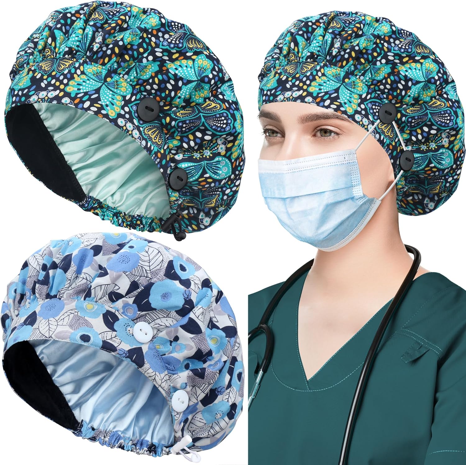 ABAMERICA 2 Pack Bouffant Caps with Button and Sweatband, Adjustable Scrub Caps for Women Men, One Size Multi Color