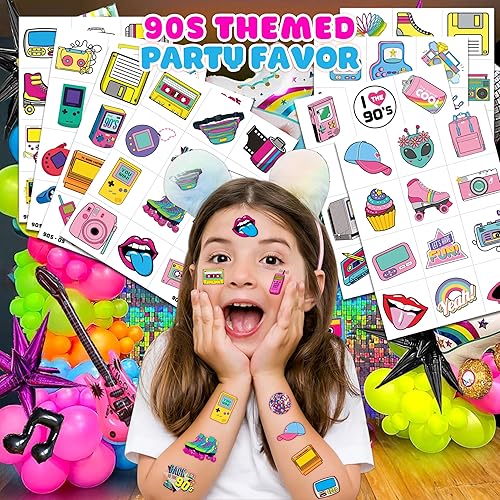 Miniatura 2 de Tatuajes temporales de los años 90 y 80, decoraciones de fiesta de cumpleaños, suministros de recuerdos, 8 hojas, 96 unidades, retro, súper lindas,