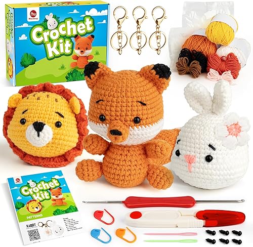Mocoosy Kit de 3 piezas de ganchillo de animales para principiantes, kit de inicio para aprender a ganchillo para niños y adultos, juego de