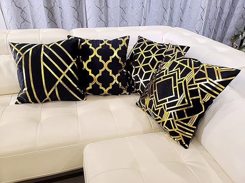 Miniatura 2 de Fundas de almohada decorativas  Juego de 4 almohadas de terciopelo negro y dorado suave de 18 x 18 pulgadas, fundas de cojín geométricas cuadradas