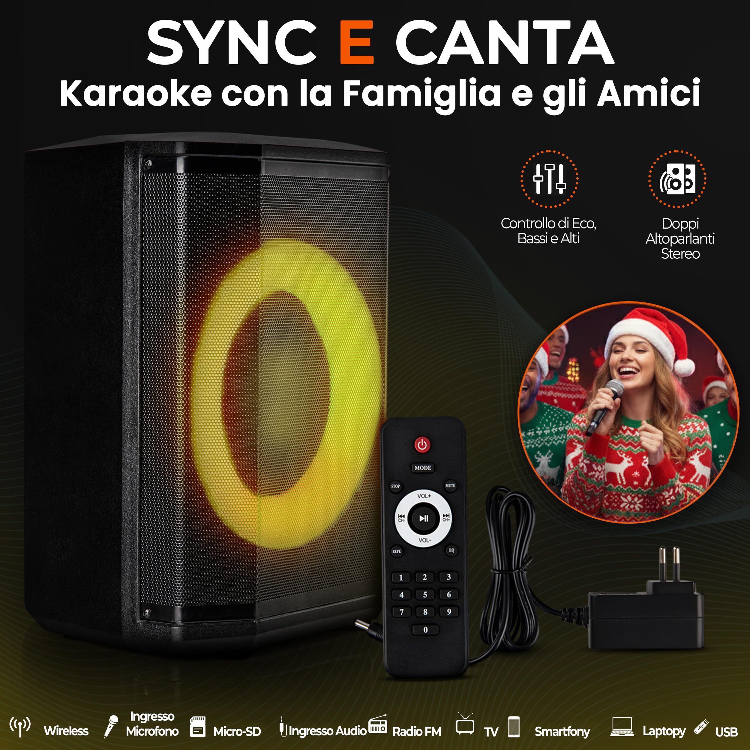 Pyle Cassa Bluetooth Potente, Altoparlante Bluetooth Portatile, Cassa Audio, Speaker, Woofer 20 cm, 120 Watt, Luci Colorate, TWS, Microfono, USB/Micro SD/FM, Tripod, Uso Interno/Esterno