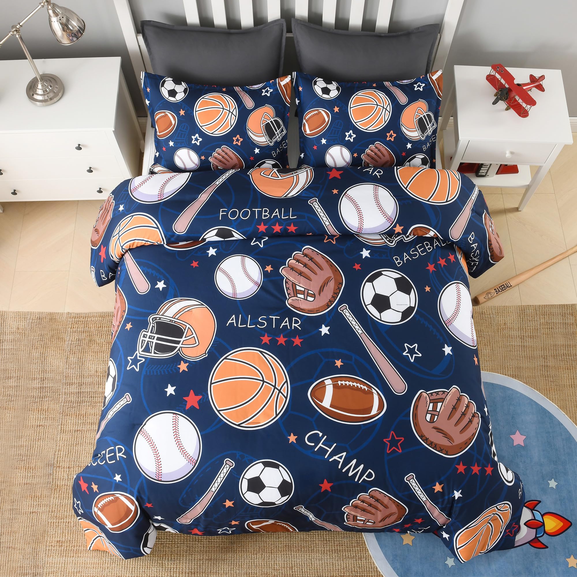 Andency Soccer Basketball Baseball Football Full Comforter Set, 3 Piece