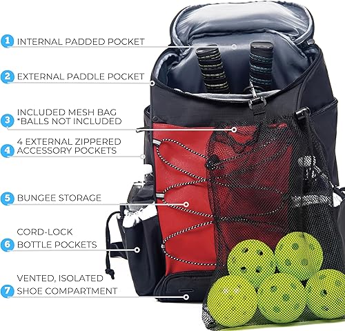 Vista 12 de Athletico Mochila de pickleball de 35L - Bolsas de pickleball para hombres o mujeres, incluye soporte para pelotas de pickleball Rosado