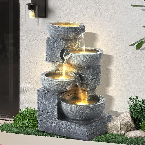 Outdoor Water Fountains, 4-Tier Fountains and Waterfalls with Lights | Indoor/Outdoor Garden Cascading Rock, Floor Standing Water Feature with Bamboo Joint Decor for Patio, Backyard (Light Grey)