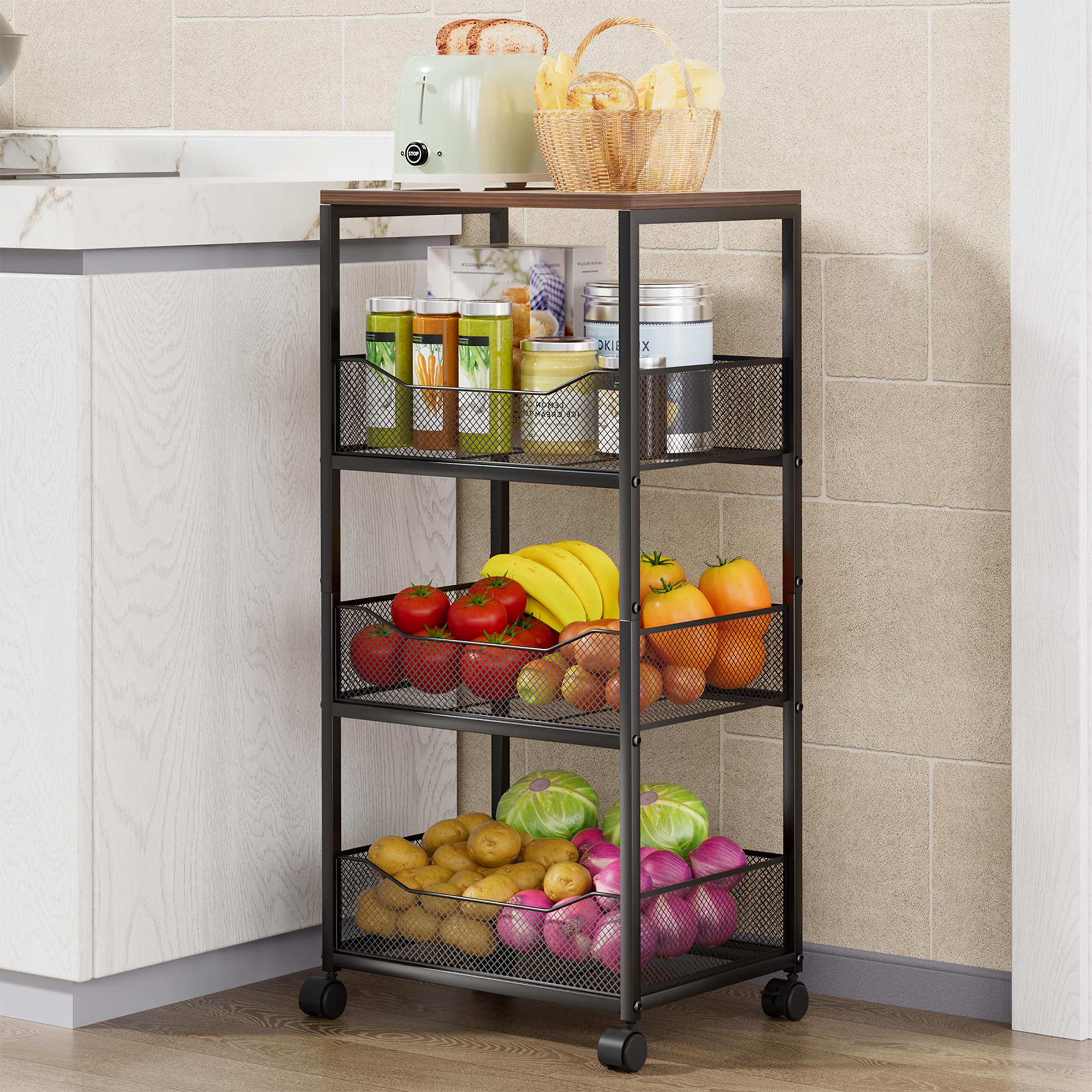 HapiRm Fruit Basket Kitchen Cart - 4-Tier Rolling Storage Cart with Wheels, Fruit Vegetable Basket with Wood Top, Pantry Utility Kitchen Organizer for