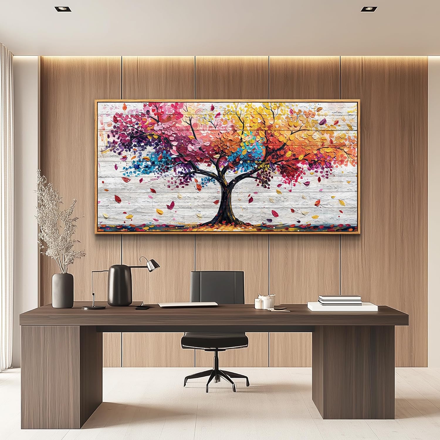 Wapluam Vibrant Tree Of Life Wall Art Colorful Nature Abstract Painting Picture Modern Panoramic Landscape Wall Decor Artwork Framed Canvas Print For Living Room Bedroom Office Home Decor 20"X40"
