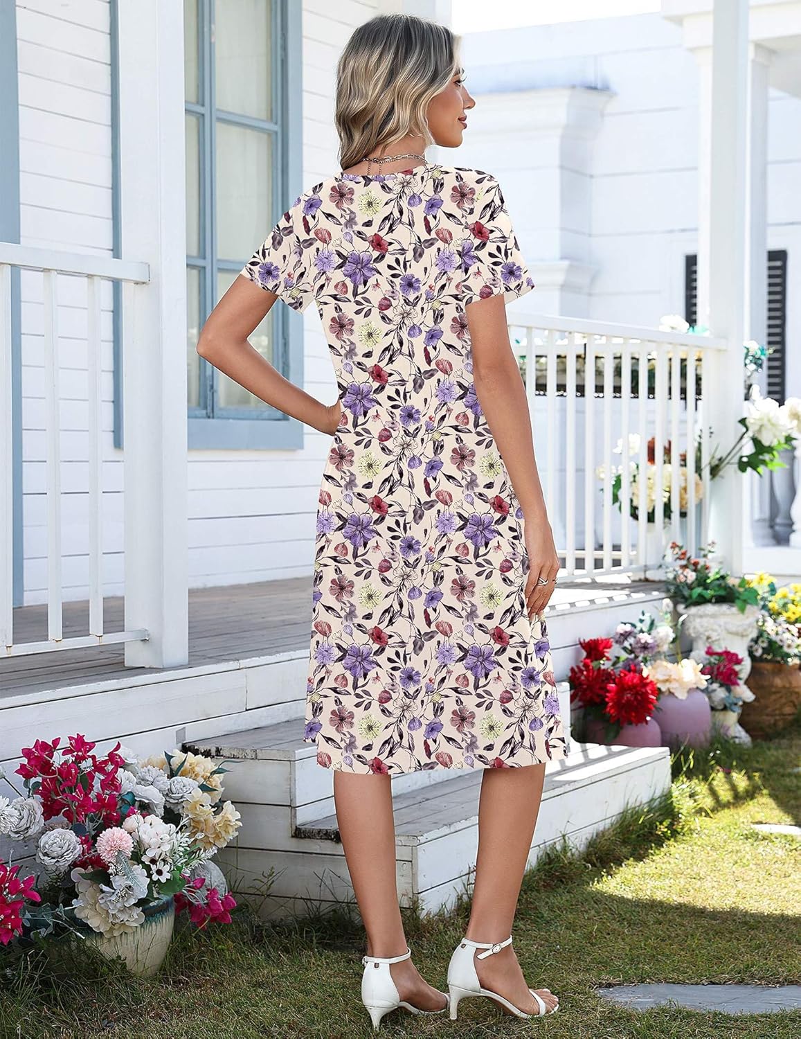 Zeagoo Women Summer Dresses Casual Short Sleeve Midi Dress with Pockets Floral A Line V Neck Beach Vacation T Shirt Sundress - Image 6