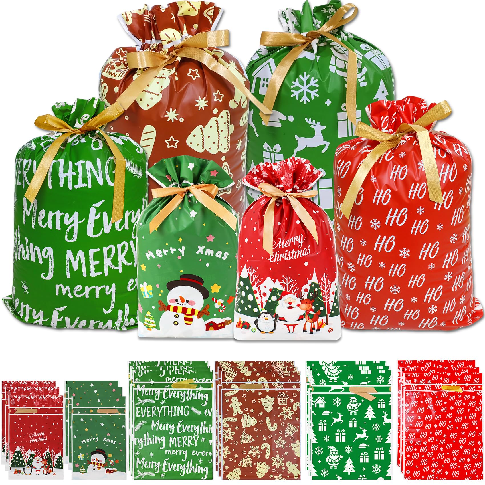 Bomvabe 20 Drawstring Gift Bags for Christmas Presents, Food Grade Christmas Treat Bags for Candies Cookies, Xmas Wrapping Bags Assorted Sizes for Gifts, 6 Patterns