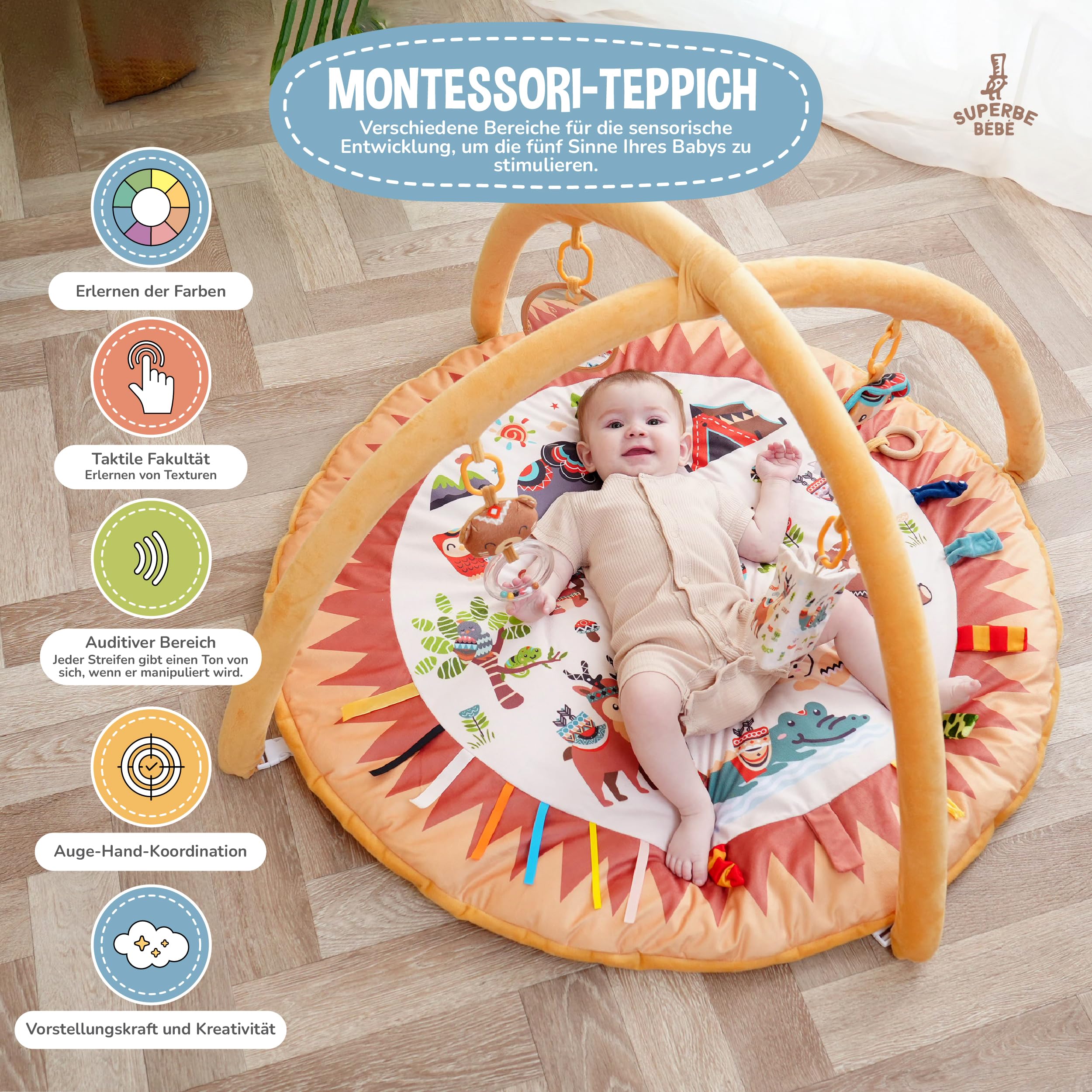 Baby Spielbogen Montessori 0-12 Monate | Evolutive Spieldecke mit Bogen für Mädchen und Jungen | Dicke und Bequeme Spielmatte | Sensorisches Activity Gym | Baby Krabbeldecke | Pädagogische Spielmatte