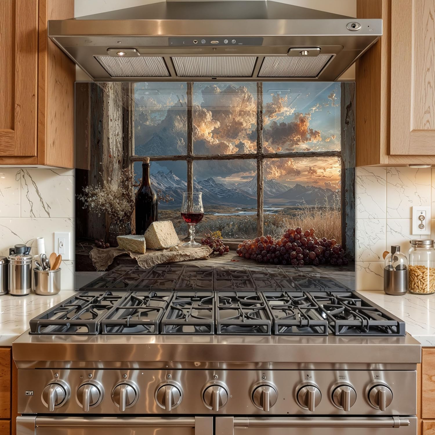 Tempered Glass Backsplash for Kitchen - Easy to Clean Behind Stove Backsplash Protector for Wall - Heat and Scratch Resistant Backsplash for Stove - Rustic Wine Design
