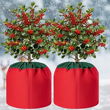 2 Pcs Plant Pot Covers for Christmas, Flower Pot Protection Bag with Drawstring & Hook-and-Loop Closure, Insulated Potted Plant Cover for Winter Outdoor Fruit Trees, Xmas Gift, 17.7"x 19.7"