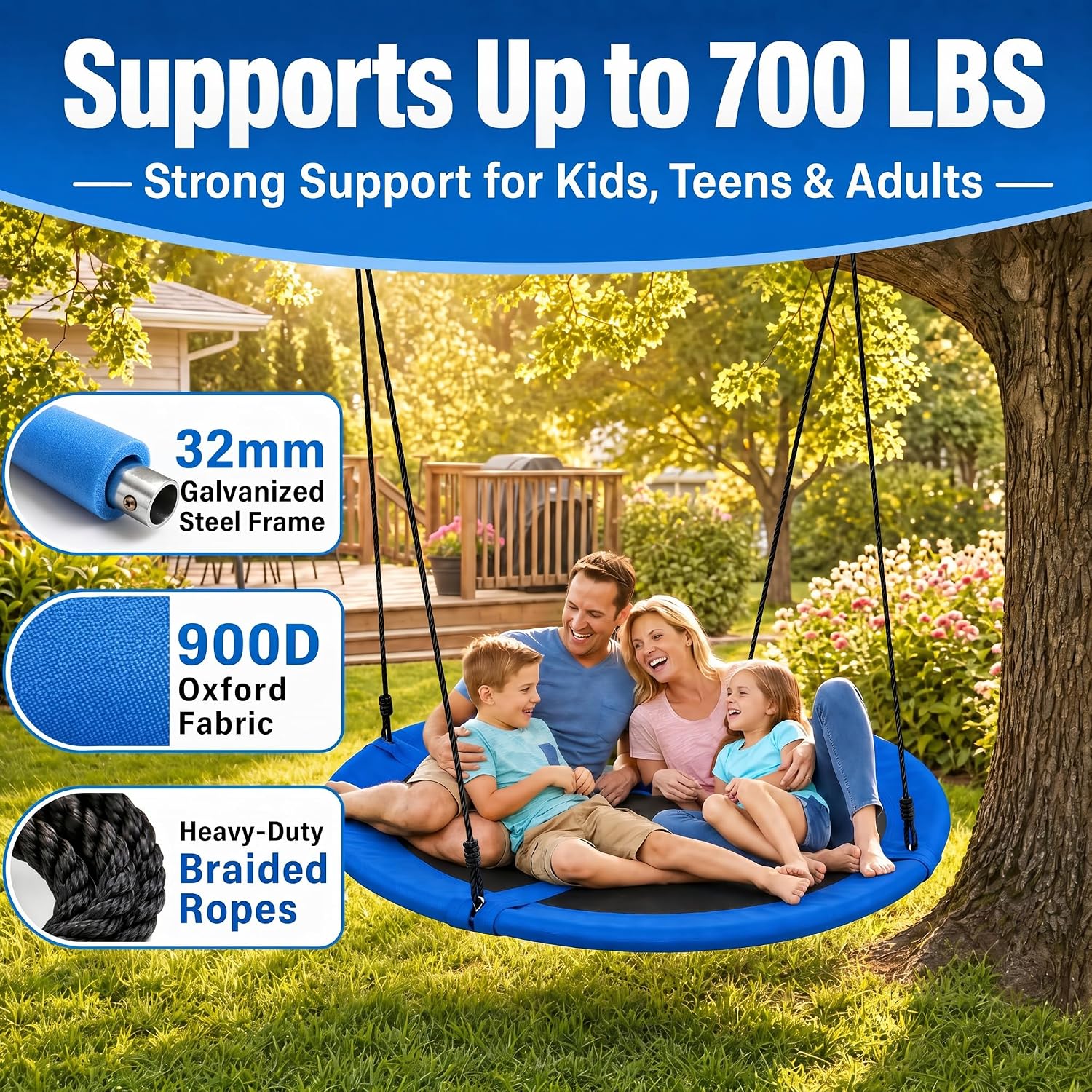60‘’ Saucer Tree Swing, 700 LBS Large Outdoor Round Swing for Kids and Adults, Big Circular Swing with 900D Weather-Resistant Seat, Adjustable Ropes, Tree Straps, Carabiners for Backyard Play
