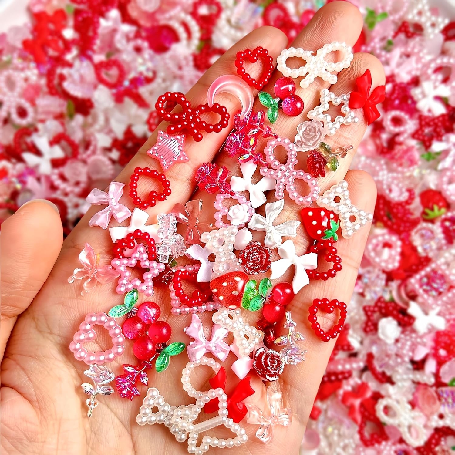 100pcs 3D Pink Red Strawberry Flower Nail Charms Cherry Rose Camellia Butterfly Nail Art Charms Resin Accessories Flatback Charms for Nails Design Moon Star Nail Jewels for Women Nail Art Supplies