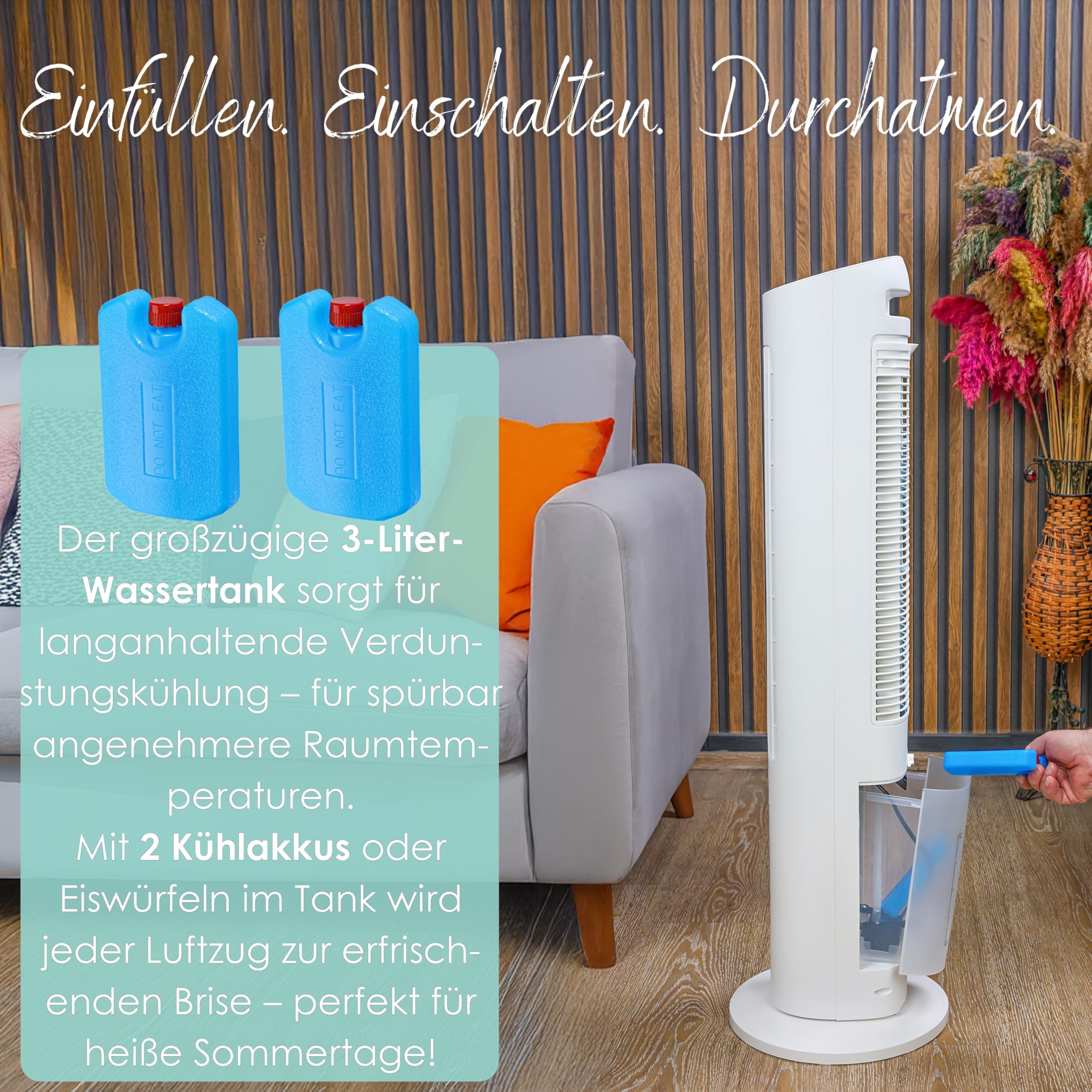3in1 Standventilator mit Wasserkühlung sehr leise - Mobile Klimaanlage ohne Abluftschlauch -Verdunstungskühler Aircooler Turmventilator mit Fernbedienung Luftreiniger 12H Timer Tower Fan (Turm Design)
