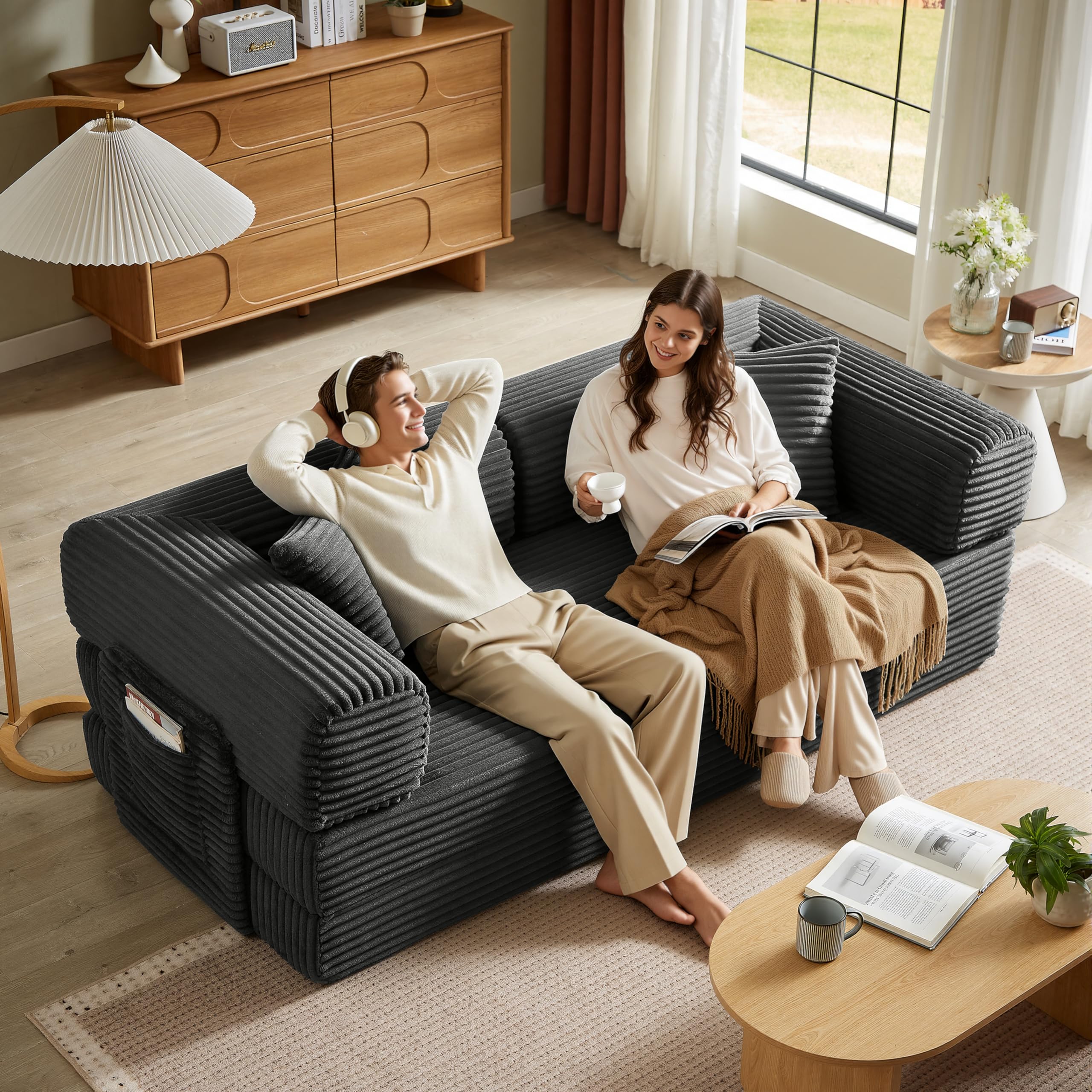AUGOP Futon Sofa Bed Boneless Couch for Living Room,Pull Out Couch with Sleeper Sofa,Day Bed Couch with Storage Pocket,Removable Corduroy with 2 Pillow