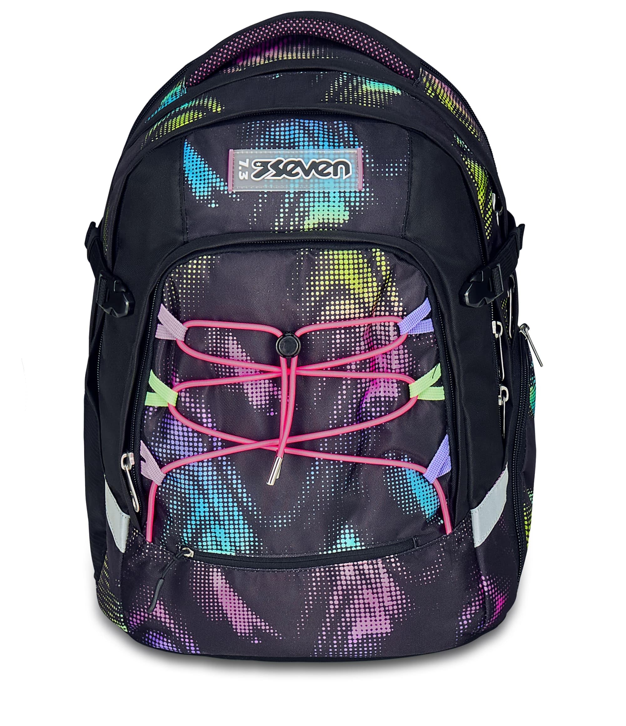 Seven Zaino Scuola Ergonomico Updown Twice, Nero Fucsia, Con Schienale e Spallacci Regolabili, Organizzazione Interna, Tasca Borraccia, 27 L, Zaino Scuola Elementare e Media, Bambina