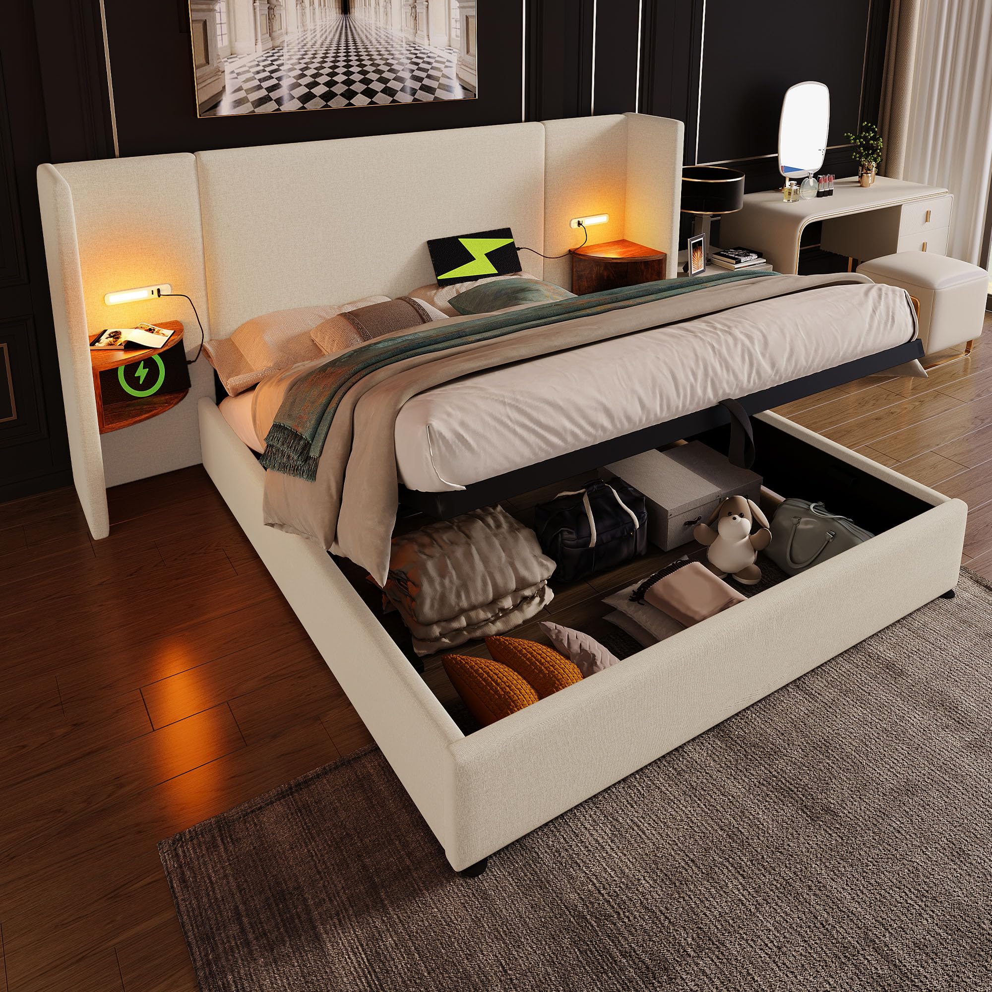 Lit double rembourré, 160 x 200 cm, avec table de chevet, lampe de lecture et fonction de charge USB type C, tête de lit, système de rangement, sommier à lattes en métal, lin (beige, 160 x 200