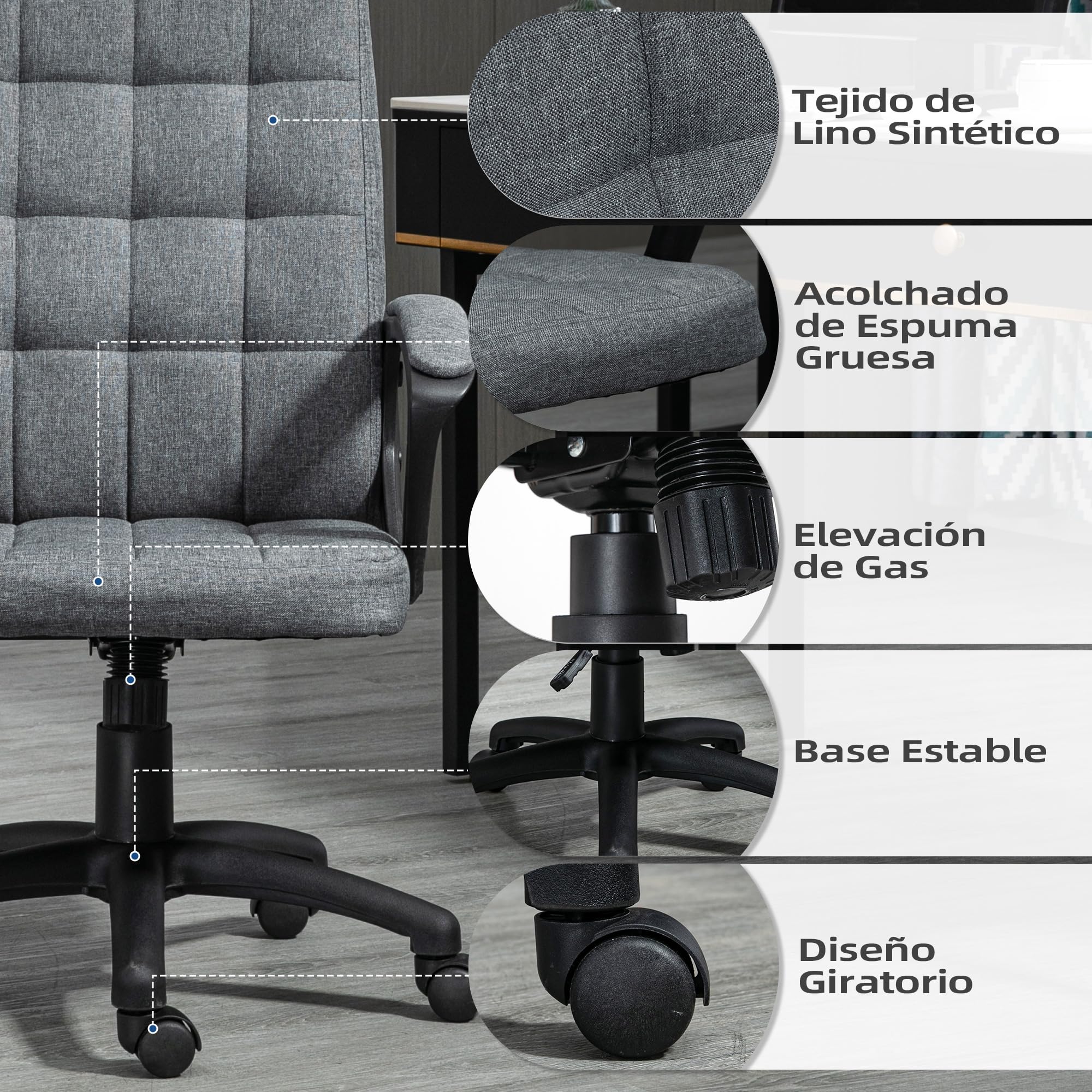 Vinsetto Silla de Oficina Silla de Escritorio Giratoria Gris Oscuro | Tapizada en Lino Sintético, Altura Ajustable, Basculante, Respaldo Medio, con Reposabrazos, Ruedas