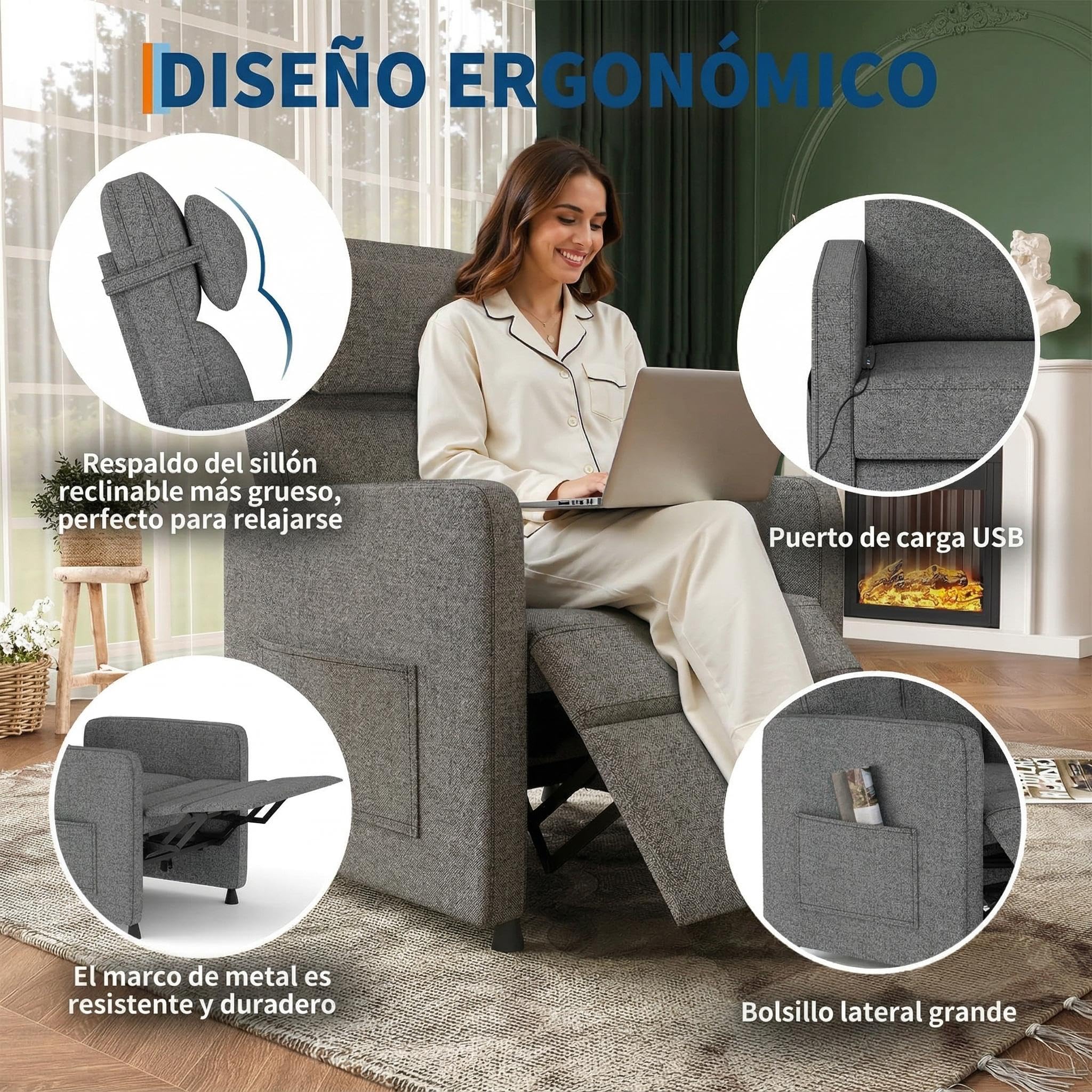 GarveeLife Sillon Relax Reclinable - con Masaje Eléctrico y Calor Lumbar - Sillón Reclinable Eléctrico Ajustable para Salone y Recepciones - Soporte Lumbar, Bolsillos Laterales - Tela de Lino, Gris