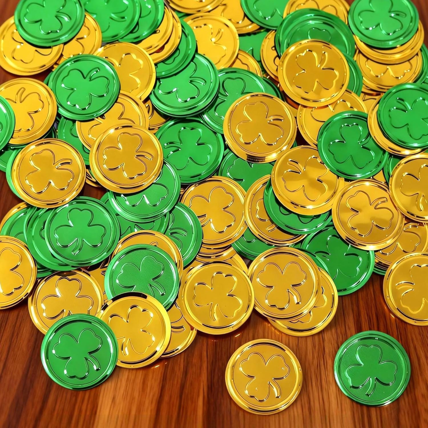 240 Pieces St Patricks Day Gold Coins, 1.2 Inch Shamrock Plastic Coins Green and Gold 3-Leaf Clover Coin for St Patrick's Day Decorations, Irish Themed Party Favors