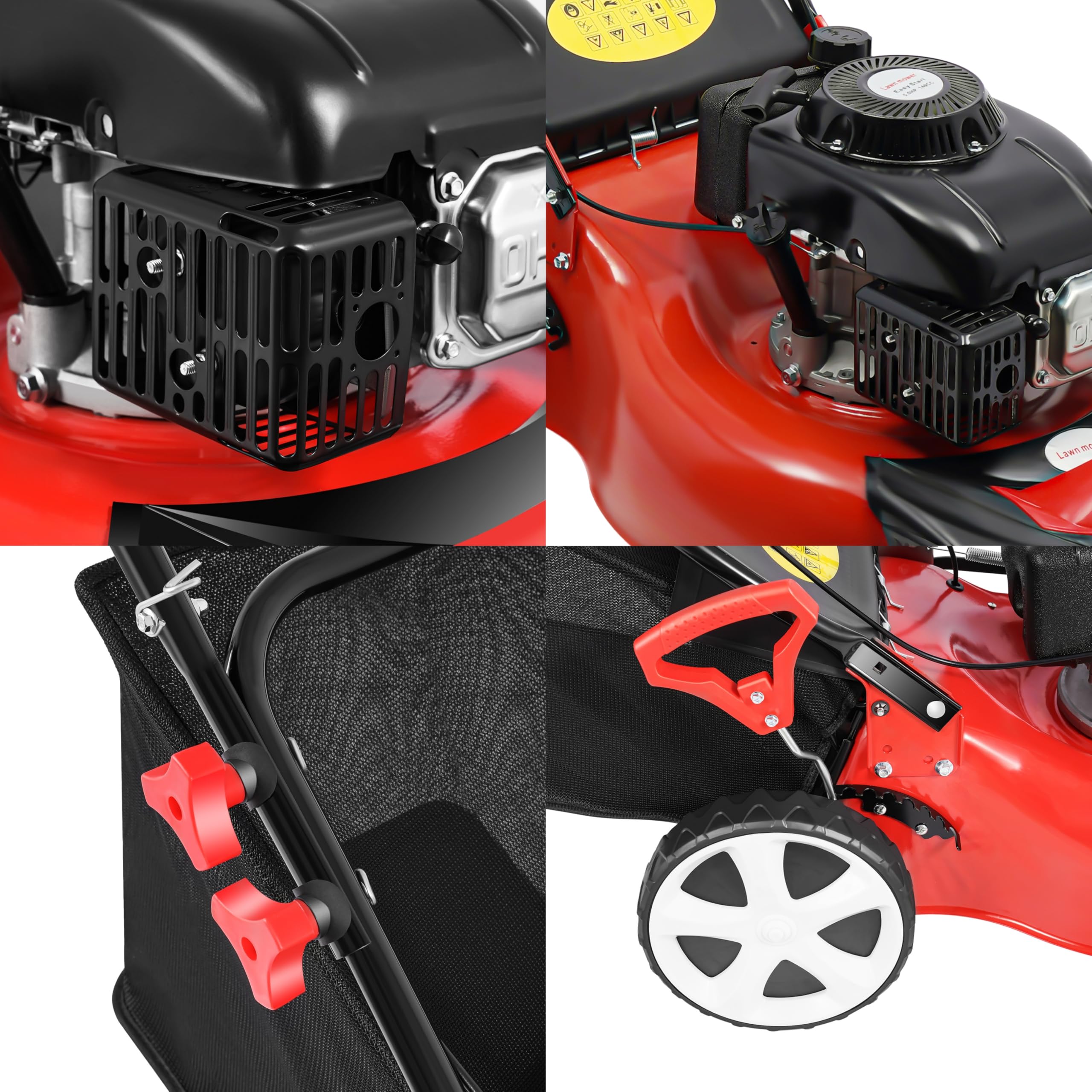 Cortacésped de gasolina de 140 cc, 2800 rpm, 4000 W, 4 tiempos, acero de un solo cilindro, cortacésped de gasolina, altura regulable, con tracción en las ruedas, con bolsa de 60 L y