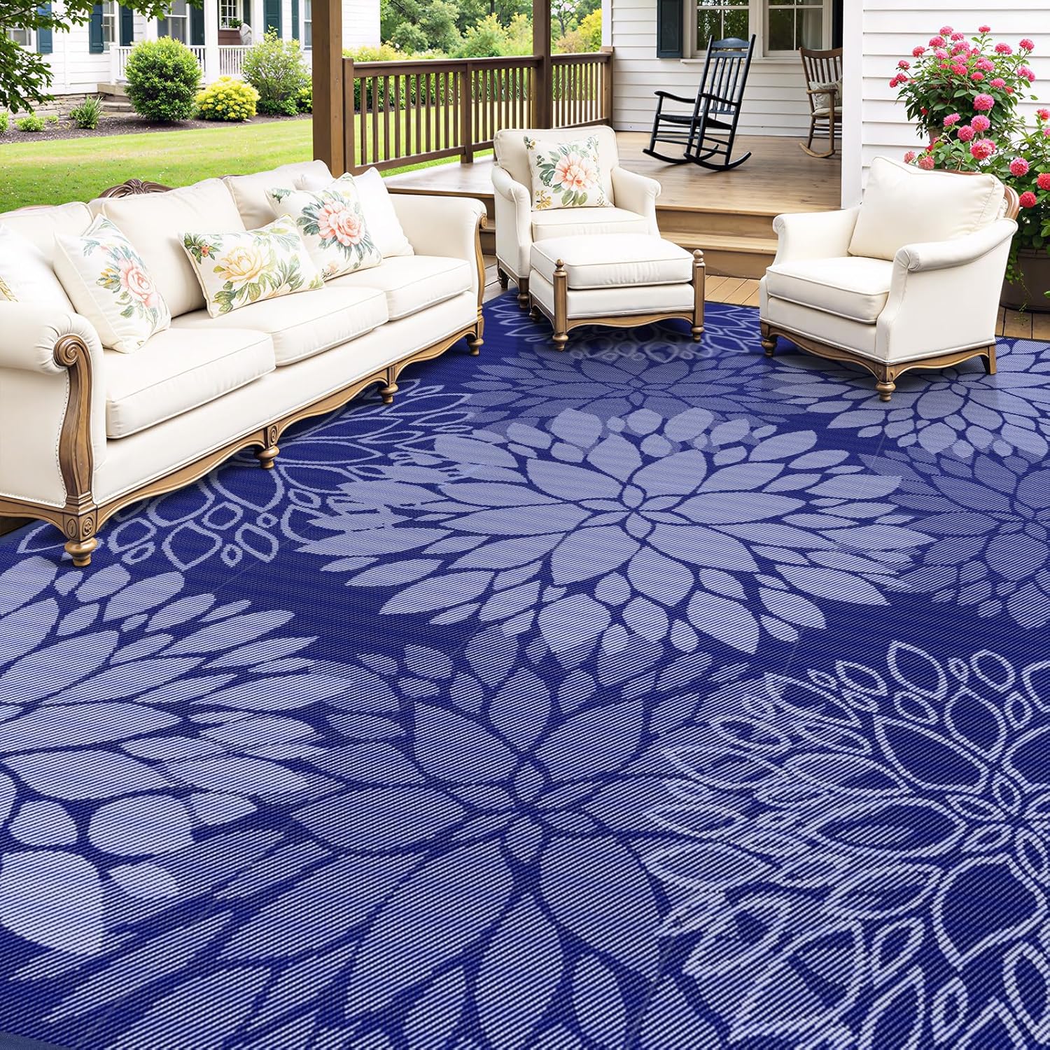 Mattitude Outdoor Rug 8' x 10' Waterproof, Reversible Portable Plastic Straw Area Rugs, Patio Carpet for RV Camping, Porch, Deck, Backyard, Camper, Pool, Picnic, Blue & White