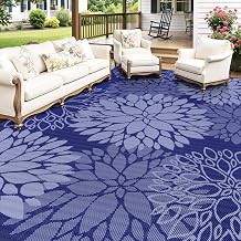 Outdoor Rug Reversible Portable Plastic Straw Area Rugs, Patio Carpet | Waterproof Patio Carpet for RV Camping, Porch, Deck, Backyard, Camper, Pool, Picnic, 8 x 10, Blue & White