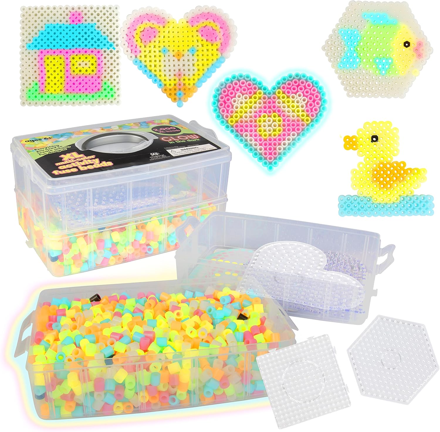 Sculpt Pro 2,000 pc Glow in The Dark XL Biggie Fuse Craft Bead Kit- 3 XL Pegboards, 7 Colors, 6 Unique Templates, Ironing Paper & Case- Kids Birthday Party, School Craft Project