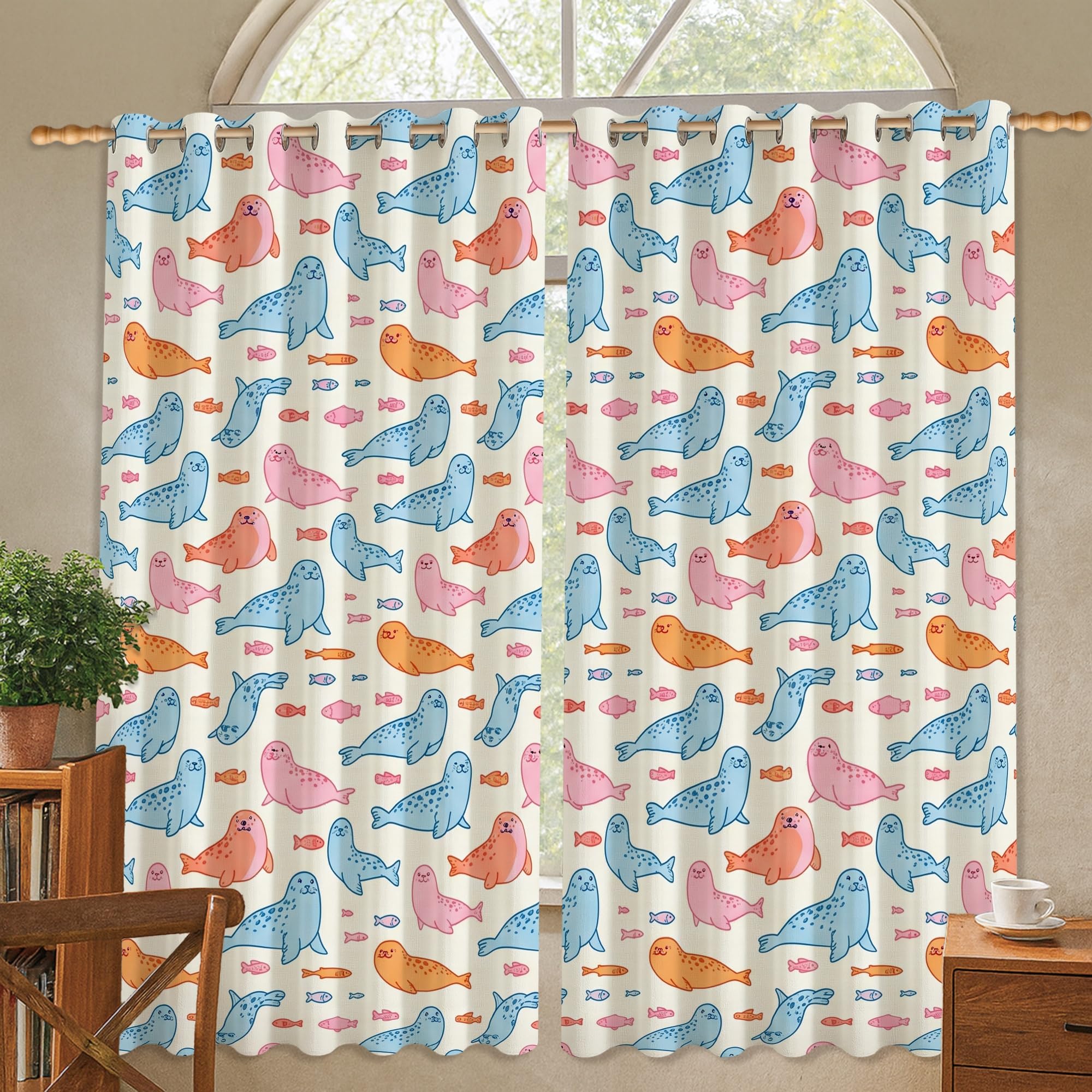 Rideaux occultants poisson bleu d'été 106x114 cm lavables pour salon et appartement