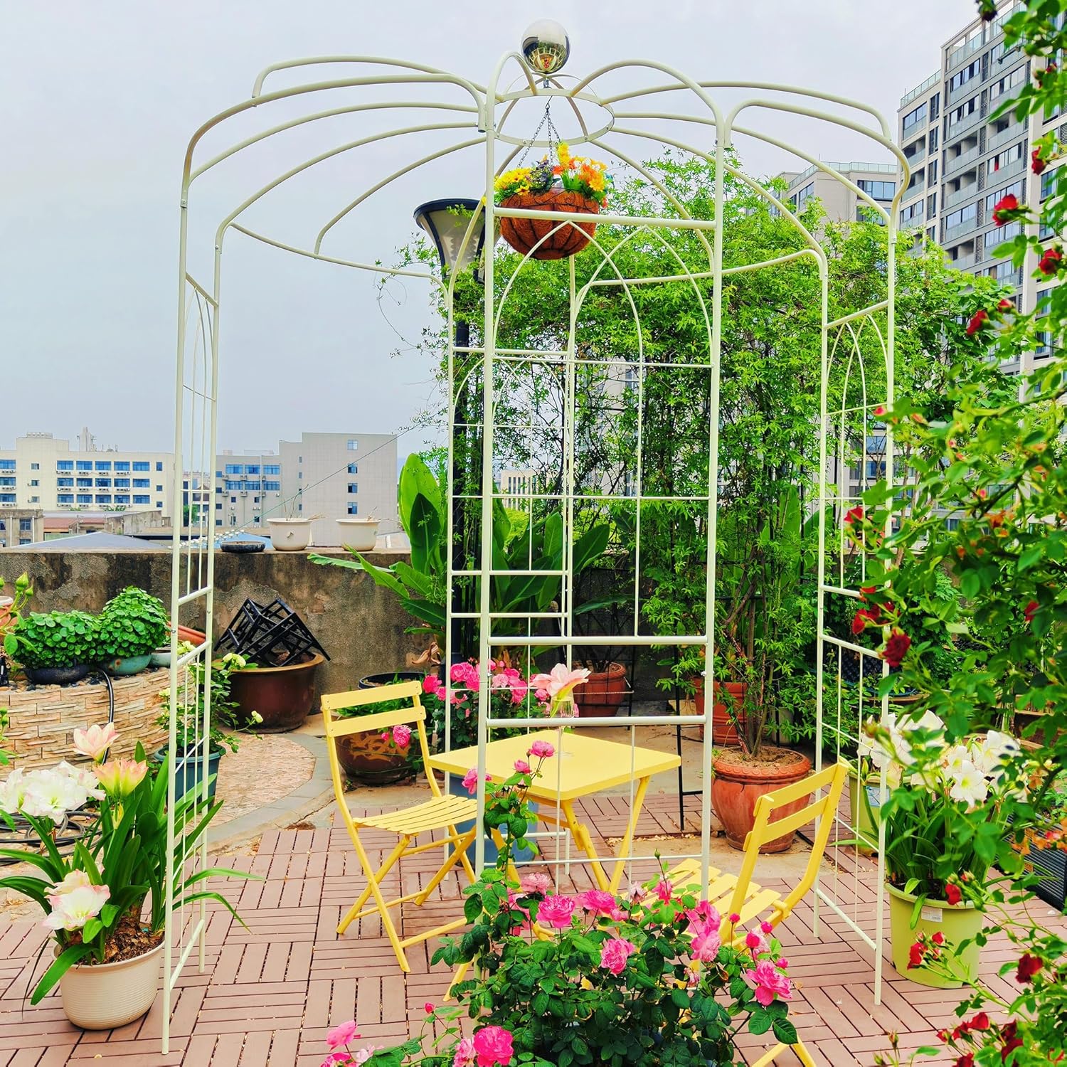 Metal Garden Arch Birdcage Pergola, 6.8ft Diameter x 9.5ft High Outdoor Iron Garden Arbor for Wedding Ceremony, Yard, Patio, Gazebo Pavilion (Cream White)