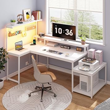 DurayLoly 63" L Shaped Desk with Printer Shelf, Monitor Stand & LED Lights