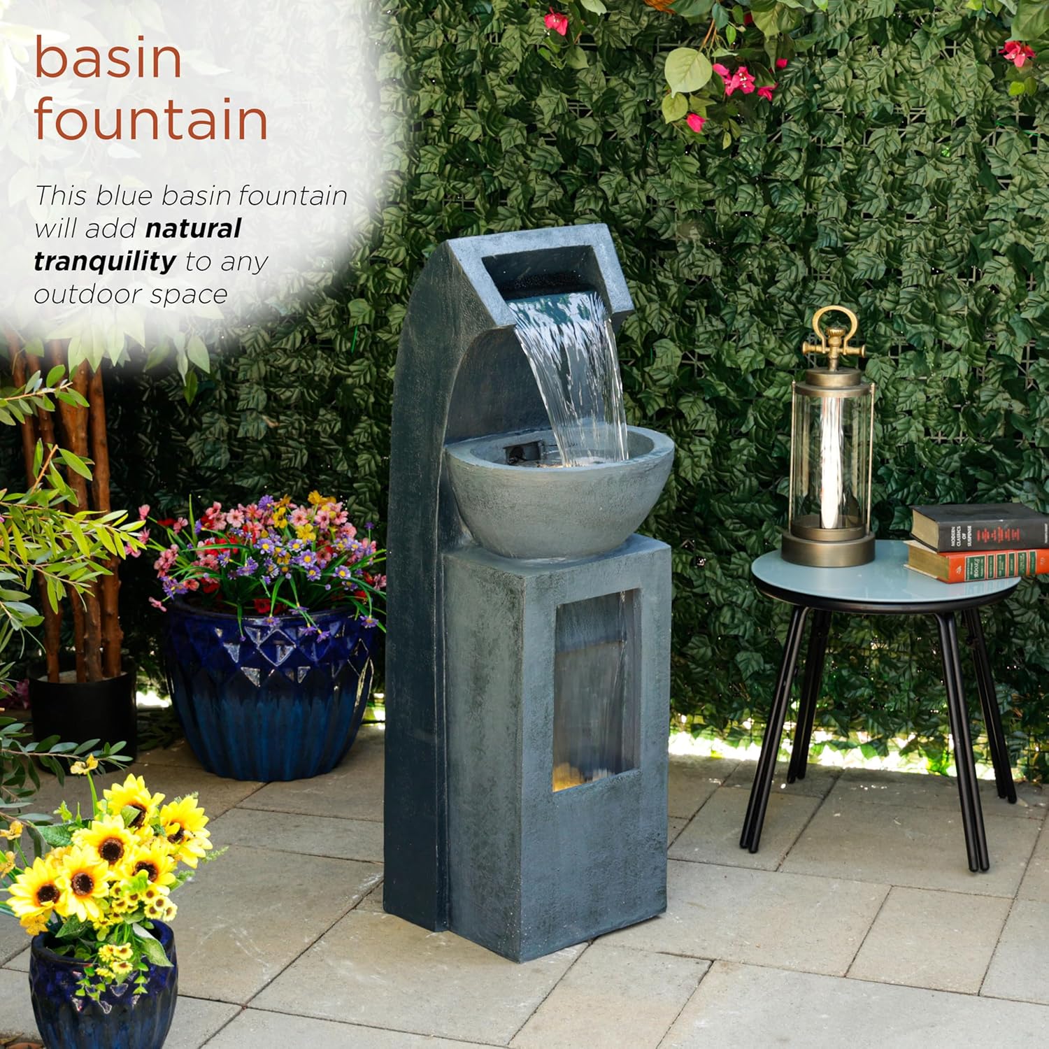 Alpine Corporation 41" Tall Outdoor Basin Waterfall Floor Fountain with LED Lights for Garden, Patio, Lawn and Backyard Decor, Gray