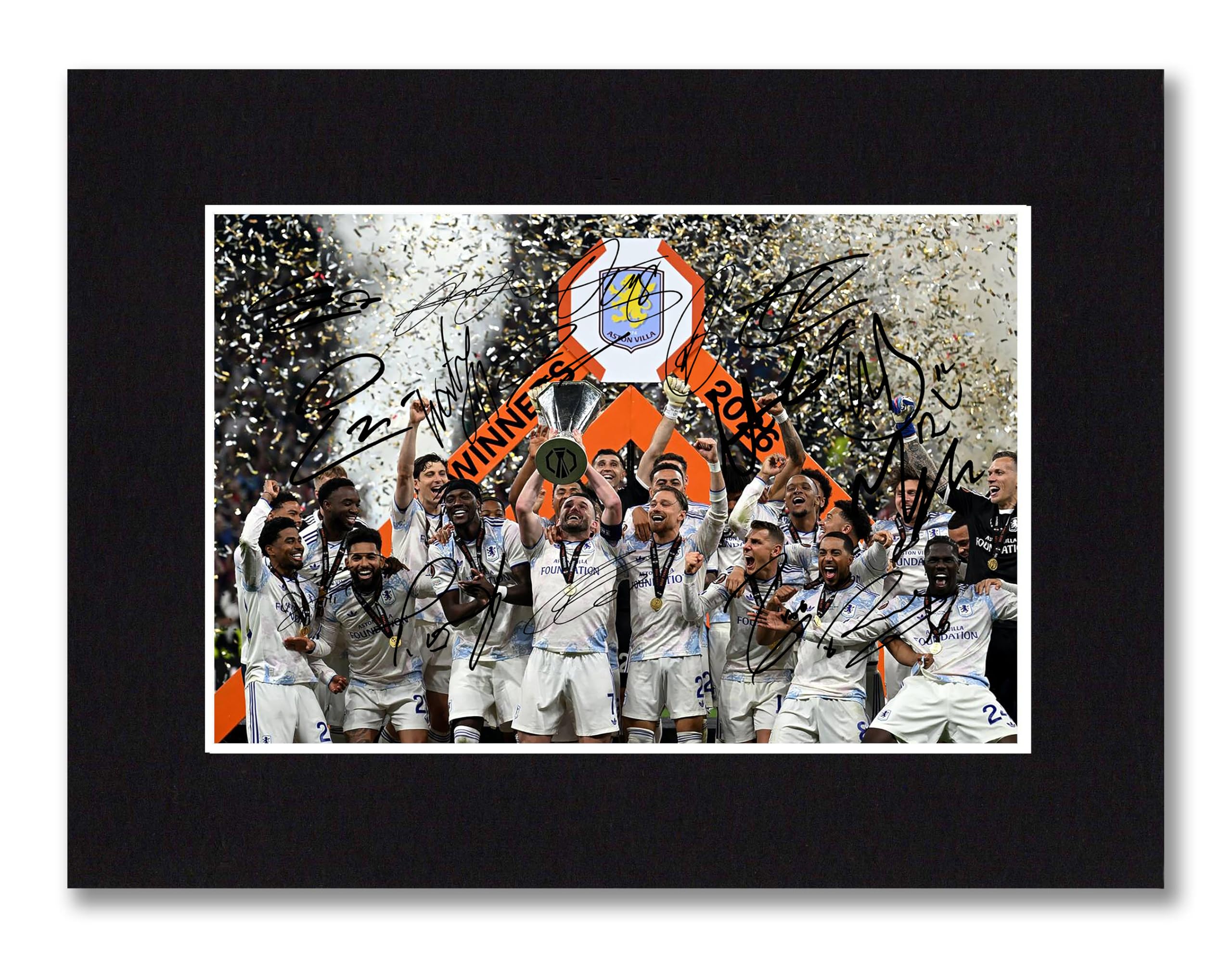 RJR PRINTS Aston Villa 2026 Europa League Winners Multi Signed 8x6 Inch Mounted Photo Print With Pre Printed Signatures That Would Make A Great Gift For Any Fan And Is Ready To Be Framed.