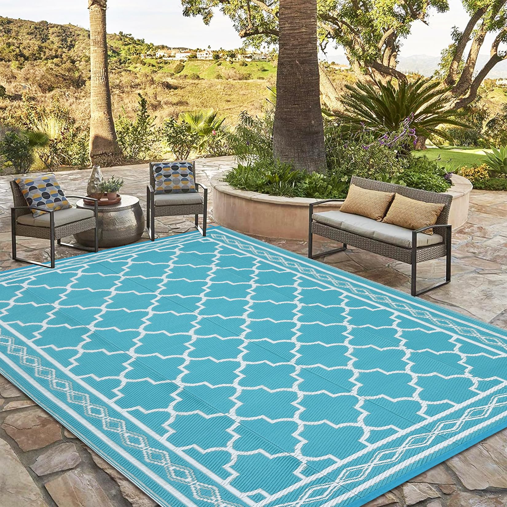GarveeHome Outdoor Rug 9x12 Waterproof for Patio Clearance Large Plastic Straw Mat for Camping Reversible Plastic Outdoor Rug for RV, Patio, Backyard,