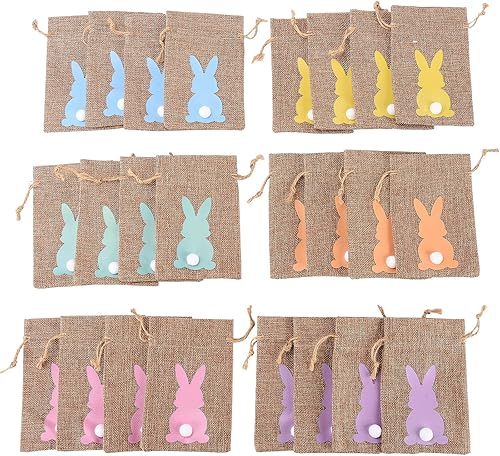 Miniatura 8 de 24 bolsas de arpillera de Pascua con cordón, bolsas de arpillera de yute de Pascua, bolsa de regalo de arpillera de conejo, bolsas de dulces con