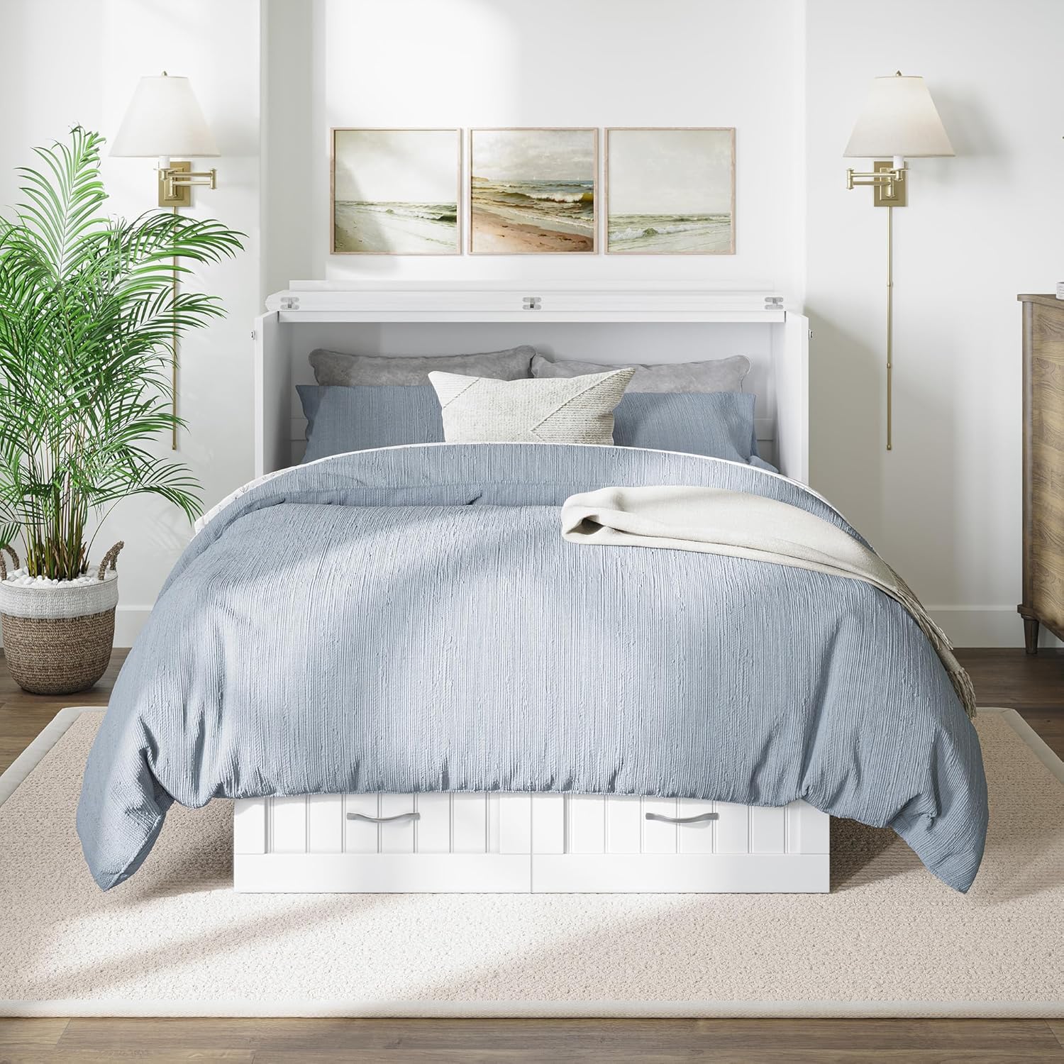 AFI, Nantucket Full Size Murphy Bed Chest with Mattress, Storage Drawer and Built-in USB Charger, White