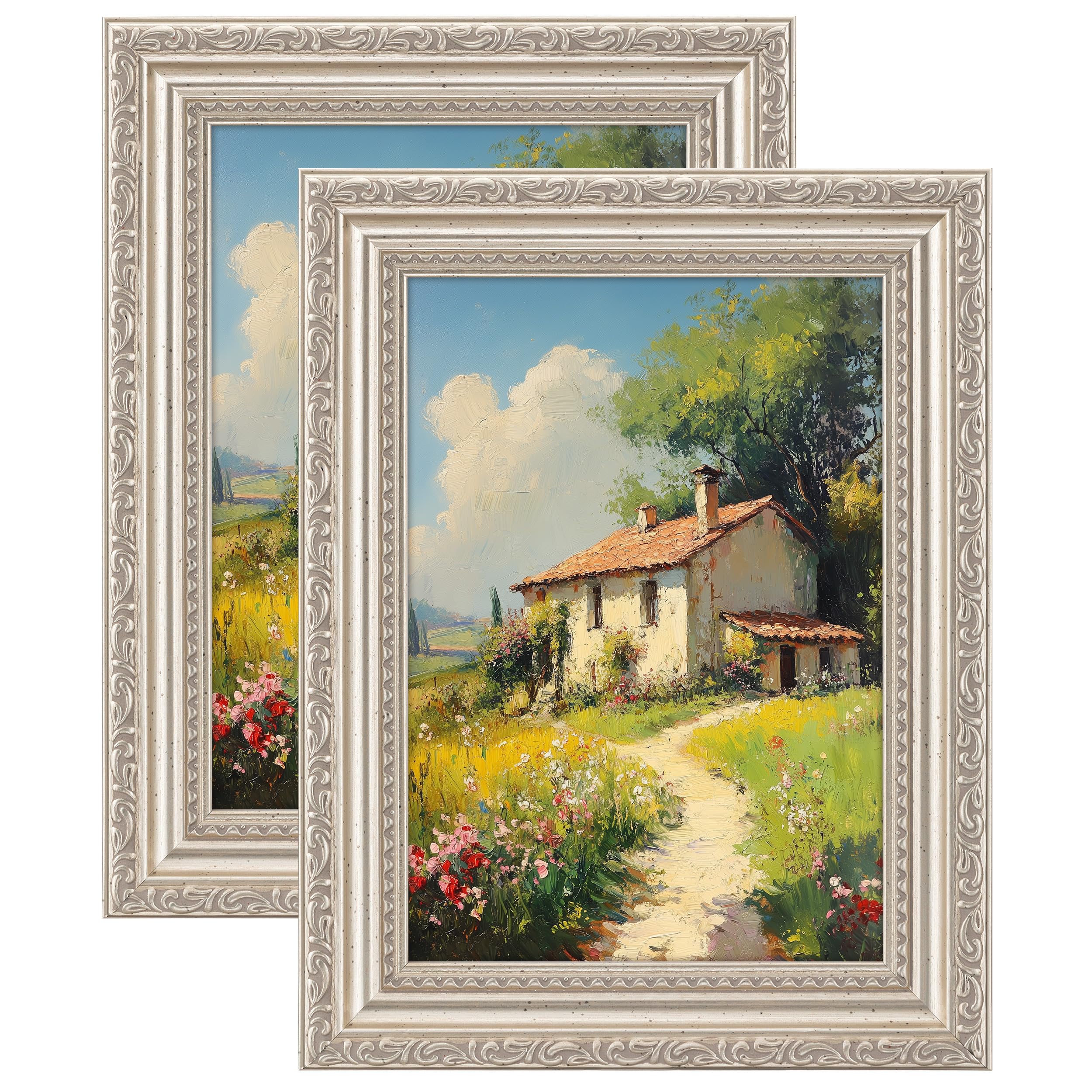 eletecpro 5x7 Vintage Picture Frame, Glass Cover, Silver Beige, 2-Pack