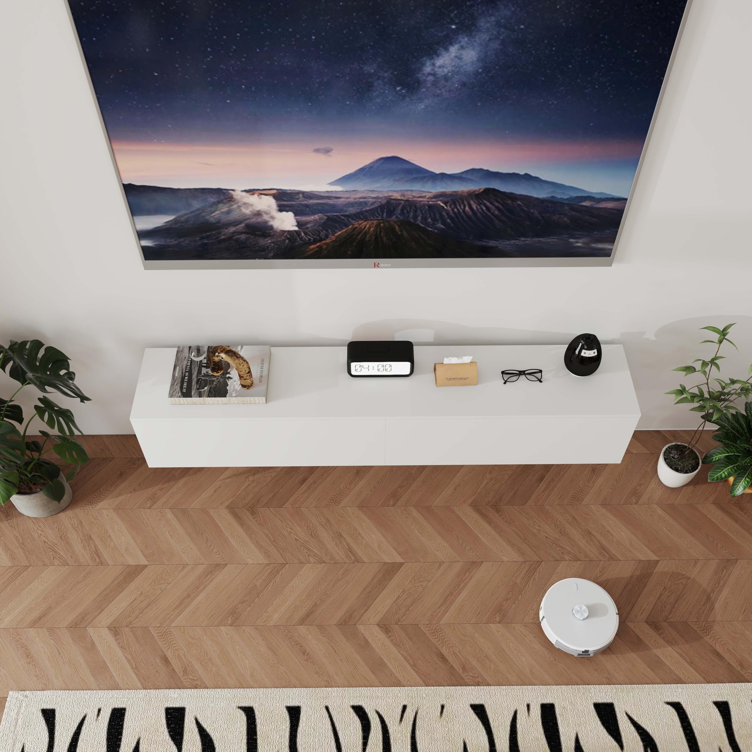Lowboard mit Fächern, TV Board für Wohnzimmer, Sideboard Weiss, Moderne TV Lowboard, Lowboard Hängend